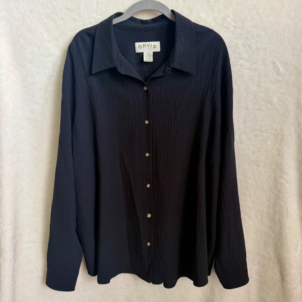 Orvis Black Textured Crinkle Gauze Button Front Blouse Long Sleeve Womens XL